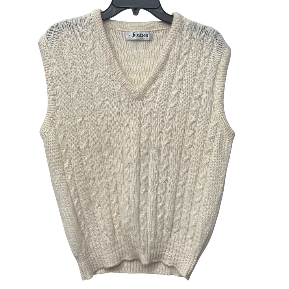 VTG Jantzen Cable Knit Sweater Vest Mens Size M Ivory Grandpacore Streetwear